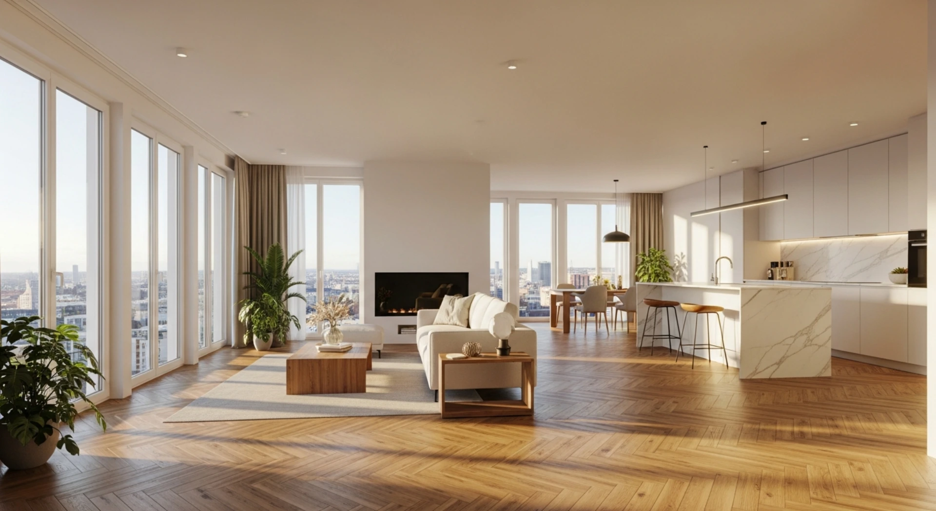 Komplettsanierung einer Altbauwohnung in München – fertig saniertes Wohnzimmer mit neuem Parkett und Malerarbeiten